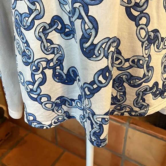 SanSoleil blue and white chainlink UPF 50+ sun protection 1/4 zip top, L! - Picture 4 of 10